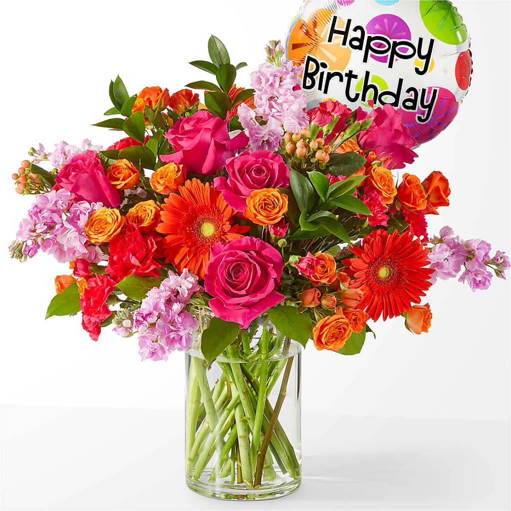 Fiesta Bouquet with Birthday Balloon – Ginas Flower Shop, South Plainfield NJ