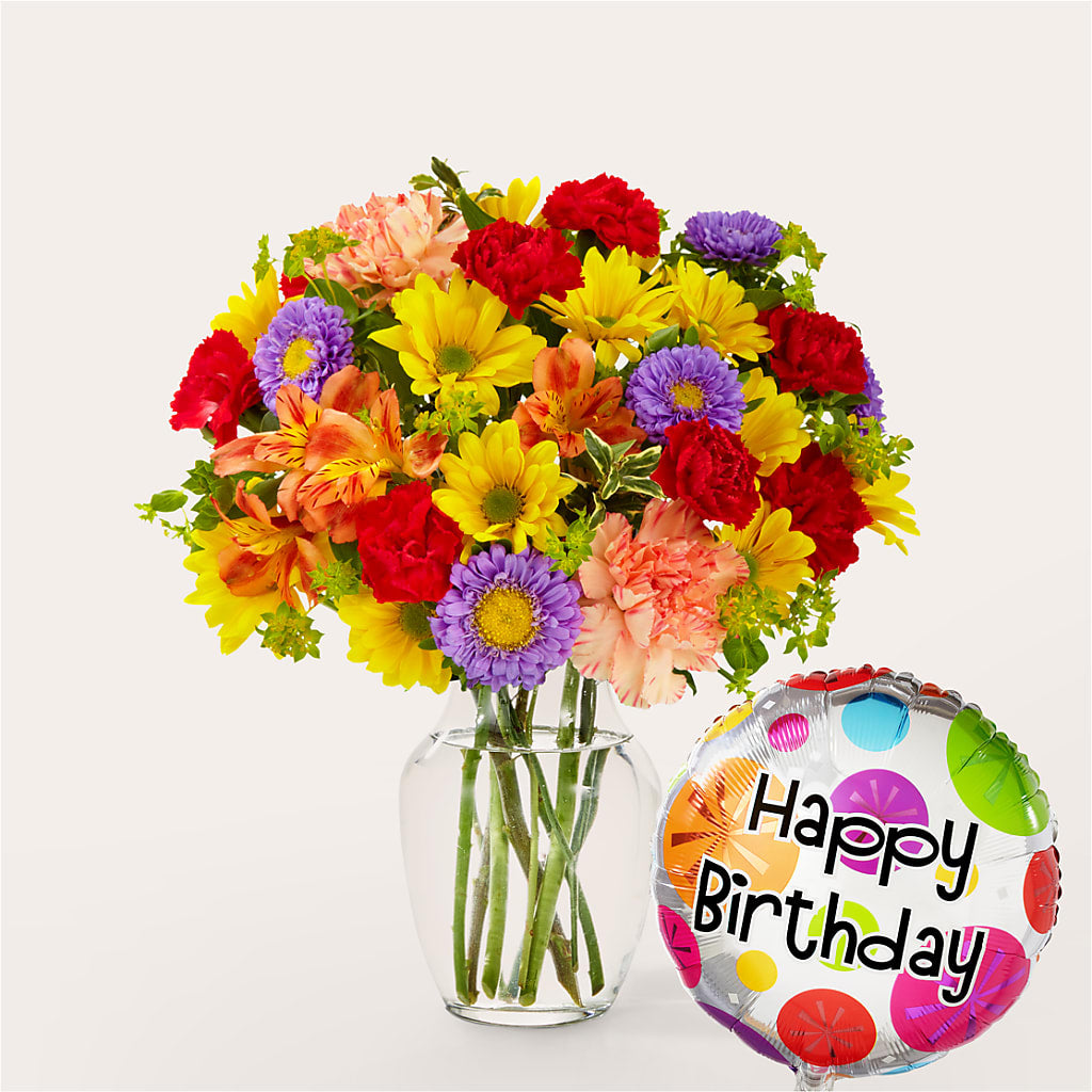 Kaleidoscope Bouquet with Birthday Balloon – Ginas Flower Shop, South Plainfield NJ