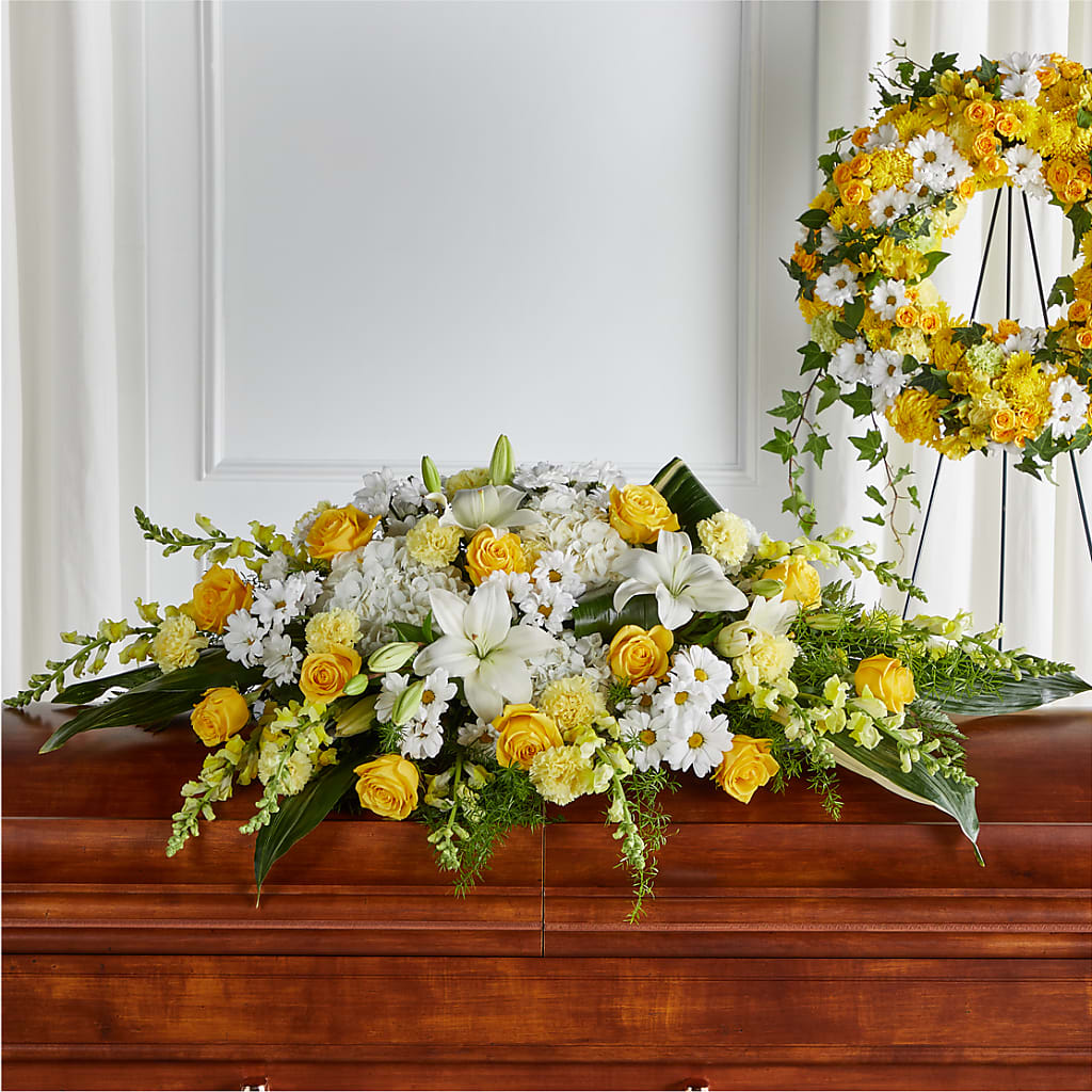 Golden Harmony Casket Spray – Ginas Flower Shop, South Plainfield NJ