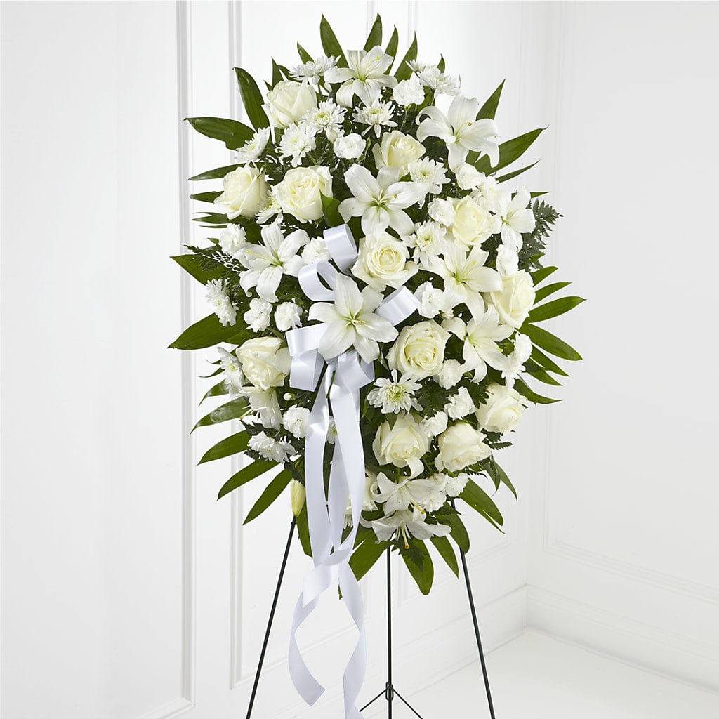 Exquisite Tribute Standing Spray-White Ribbon – Ginas Flower Shop, South Plainfield NJ