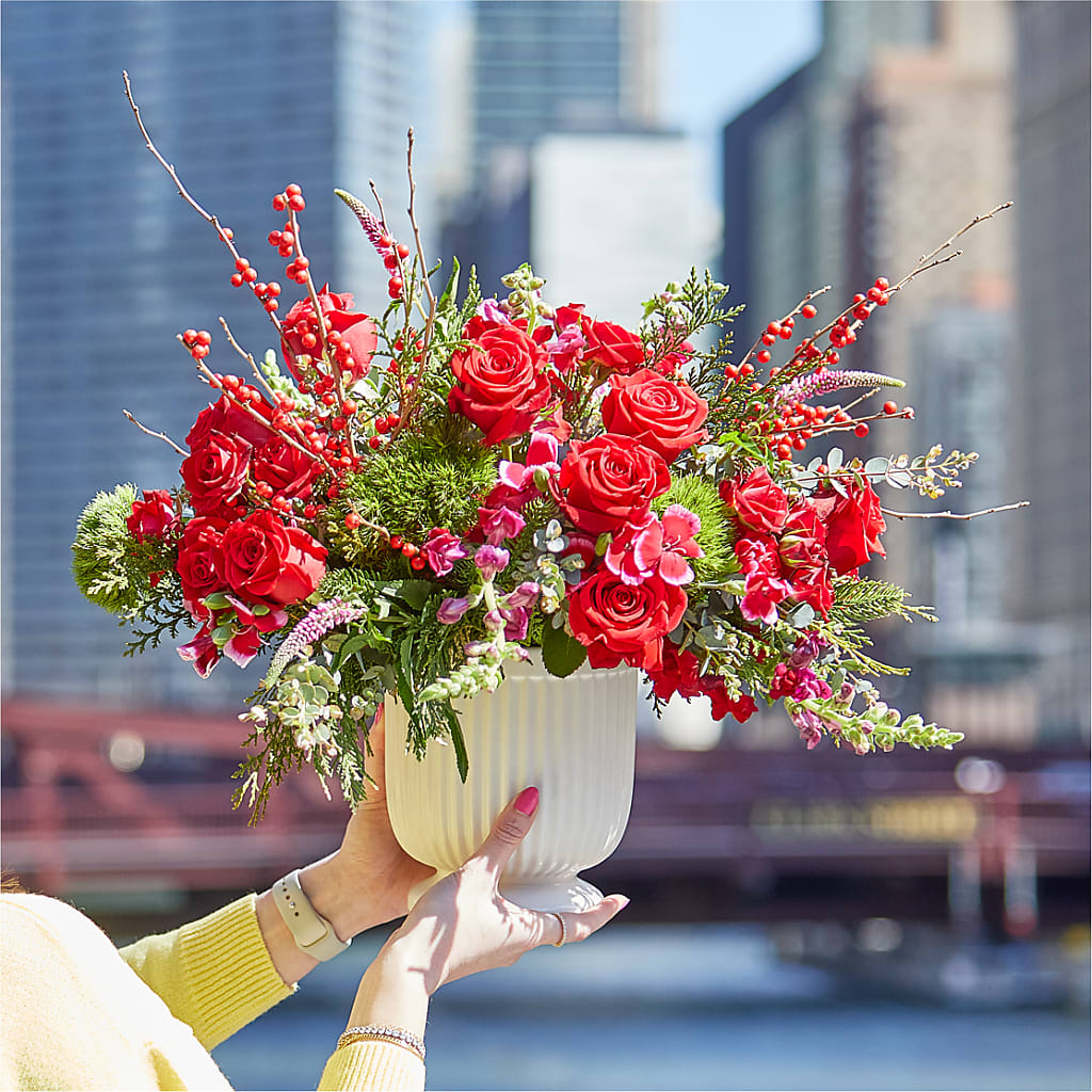 Big Red Bow Bouquet –  Ginas Flower Shop, South Plainfield NJ